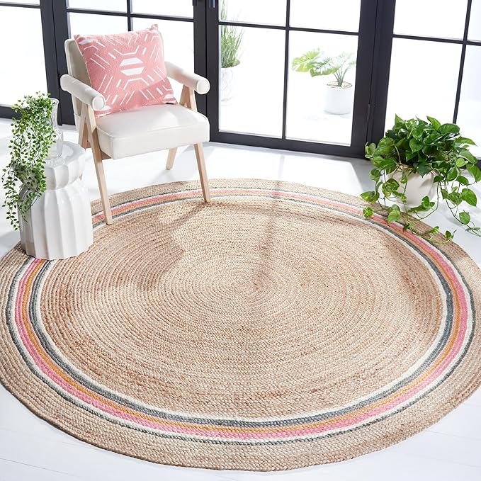 SAFAVIEH Natural Fiber Round Collection 7' Round Fuchsia / Beige NF806R Handmade Boho Charm Braided Jute Area Rug