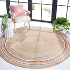 SAFAVIEH Natural Fiber Round Collection 7' Round Fuchsia / Beige NF806R Handmade Boho Charm Braided Jute Area Rug
