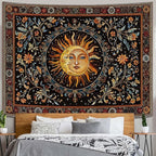 Accnicc Vintage Sun and Moon Tapestry Hippie Indie Boho Floral Wall Tapestry for Bedroom Aesthetic Stained Glass Celestial Plant Small Tapestries Wall Hanging for Living Room Dorm 60 x 44 Inch