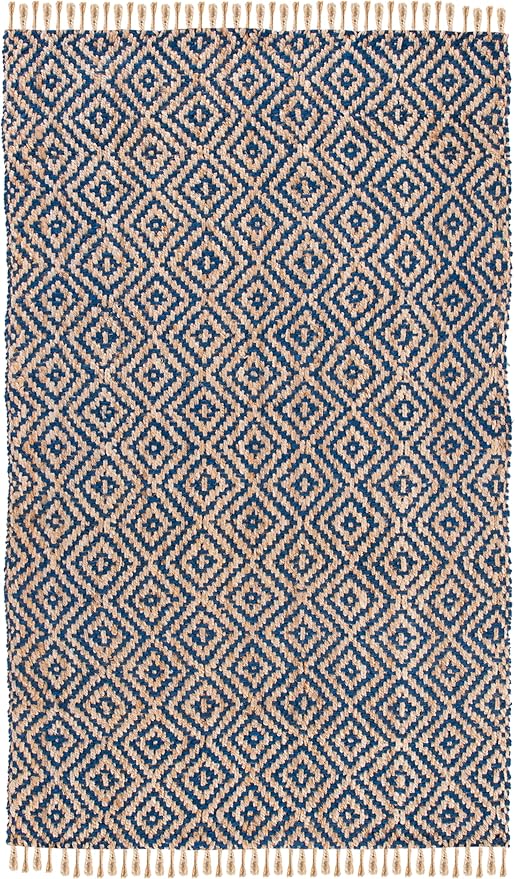 SAFAVIEH Natural Fiber Collection Accent Rug - 4' x 6', Tropical Blue & Natural, Handmade Boho Diamond Tassel Jute, Ideal for High Traffic Areas in Entryway, Living Room, Bedroom (NF266D)