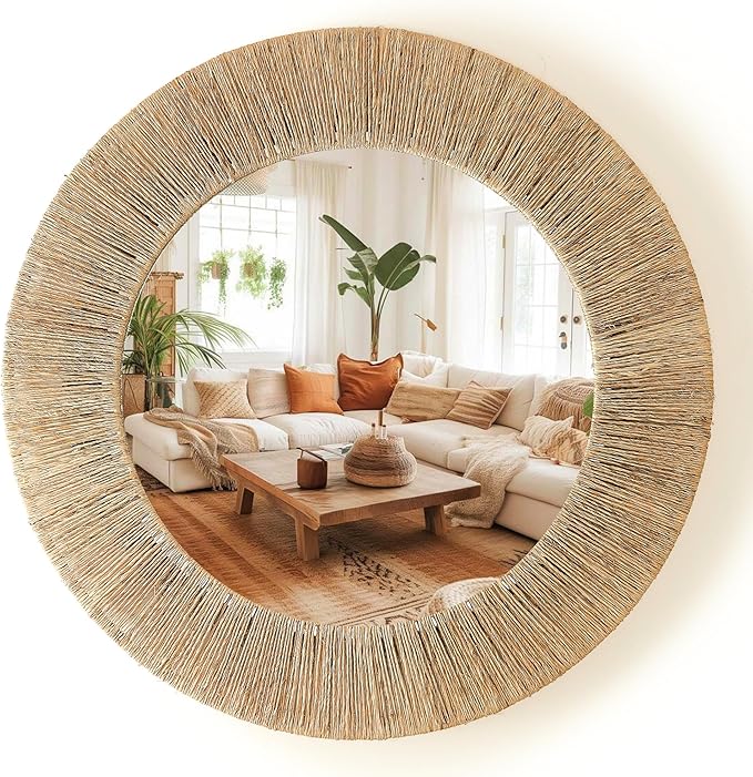24 Inch Natural Jute Mirror, Wall Mounted Round Mirror with Metal Frame, Wall Decor Rustic Farmhouse Boho Decor Accent for Bathroom, Bedroom, Living Room, or Entryway