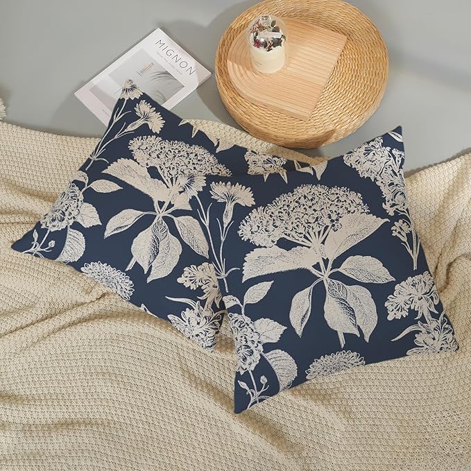 Blue Pillow Covers 20x20 Set of 2 Boho White Floral Throw Pillows Hydrangea Herbs Botanical Decoration Pillowcase Linen Farmhouse Vintage Flower Cushion Case Outdoor Decorative for Couch Sofa