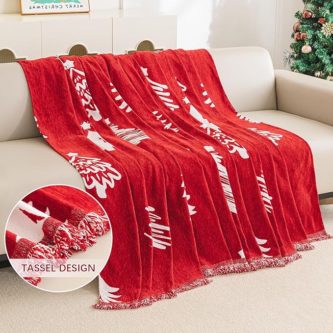 hyha Couch Cover for Dogs, Boho Sofa Covers for 3 Cushion Couch Washable, Chenille Sofa Slipcover for Pets, Soft Loveseat Sectional Couch Throw Blankets with Tassels (Red Christmas tree,88.5x134 Inch)