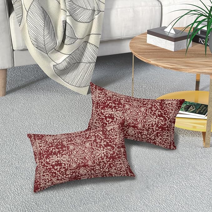 Burgundy Red Boho Lumbar Pillow Covers 12x20 Inch Beige Tan Gray Maroon Pillow Cases for Couch Farmhouse Bohemian Carpet Pattern Ethnic Rectangle Pillow Cases for Bed Patio Covers Outdoor Indoor Set 2