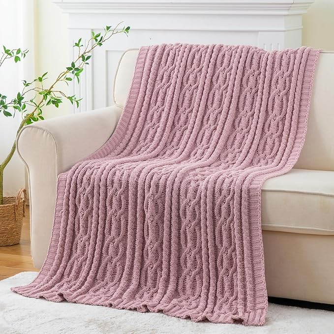 Battilo Pink Throw Blanket for Couch, Cable Knit Blanket, Soft Chenille Throw Blanket, Cozy Warm Blankets for Girls Daughter Women Gifts for Mom, 51"x67", Blush