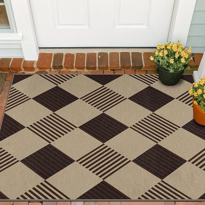 3x4 Easy Jute Diamond Entryway Rug - Plaid Rug for Patio Kitchen Bedroom Home Office, Woven Low Pile Washable Beige Black Geometric Front Door Décor