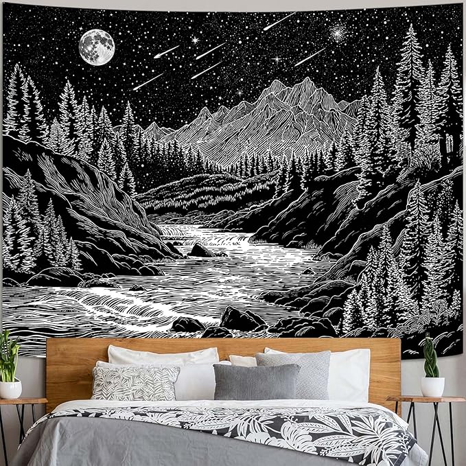 Zussun Black and White Forest Mountain Tapestry for Bedroom Aesthetic Dark Nature Pine Trees Stream Tapestries Wall Hanging Moon and Stars Wall Tapestry for Living Room Dorm 48 × 36 Inch