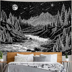 Zussun Black and White Forest Mountain Tapestry for Bedroom Aesthetic Dark Nature Pine Trees Stream Tapestries Wall Hanging Moon and Stars Wall Tapestry for Living Room Dorm 80 × 60 Inch
