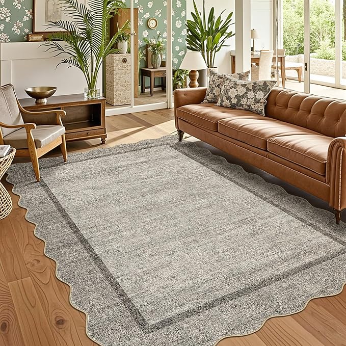 GarveeHome Scalloped Living Room Rug 5x7 Area Rug Washable Area Rug for Bedroom Modern Traditional Kids Rug Non Slip Throw Rugs Soft Low Pile Stain Resistant Carpet for Dining Room 5 ft x7 ft Brown