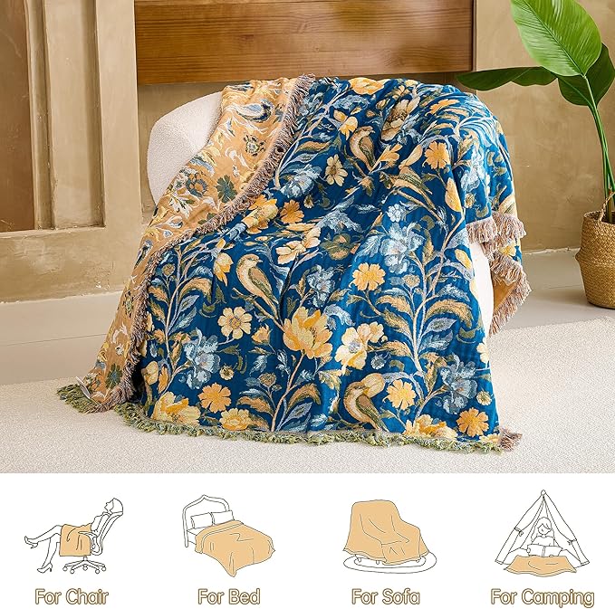 Boho Throw Blanket, 100% Organic Cotton Breathable Ultra Soft 50" x 60" Bed Quilt Blue Throw - All Season Bird Floral Rustic Farmhouse Decor Reversible Blanket for Couch Chair and Gift