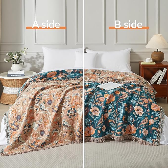 Boho Throw Blanket for Bed 90”x98”, 100% Cotton Woven Blanket for Couch Sofa, Ultra Soft 4-Layer Muslin Quilt with Floral Printed, Farmhouse Bed Blanket/Cover for Living Room Decor