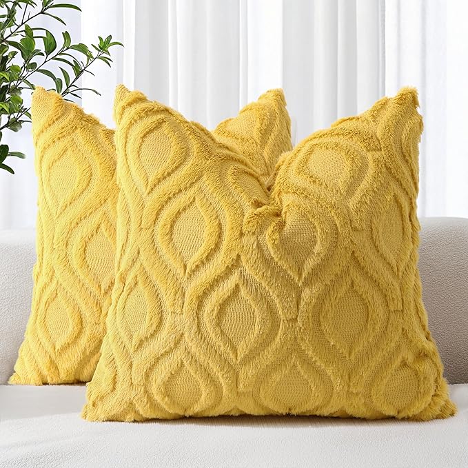 decorUhome Cozy Textured Throw Pillow Covers 16x16 Inch Set of 2, Soft Plush Faux Wool Mustard Yellow Accent Couch Pillow Covers for Modern Farmhouse Sofa Bed Living Room