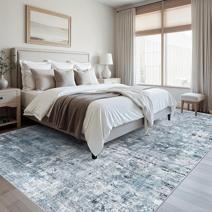 Area Rug 10x12 Vintage Washable Living Room Large Carpet Non Slip Bedroom Indoor Office Dining Room Low Pile Thin Rug Blue/Grey