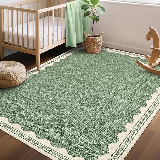 GarveeHome Scalloped Washable Rugs 5x7 Rug for Living Room, 5 x 7 Rug Solid Sage Green Modern Low-Pile Carpet for Bedroom Dining Nursery Non Slip Mat with Rubber Back