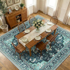 Area Rugs Square 10ft Washable Non-Slip, Floral Vintage Distress Print Pattern Medallion Carpet for Living Room Bedroom Dining Room, Teal Green Lake Blue Turquoise