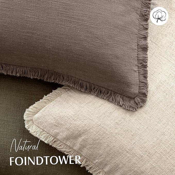 Foindtower Set of 2 Decorative Linen Fringe Lumbar Throw Pillow Covers Boho Farmhouse Cushion Cover with Tassels Accent Pillowcase for Couch Sofa Bed Living Room Home Decor,12×20 Inch,Light Coffee