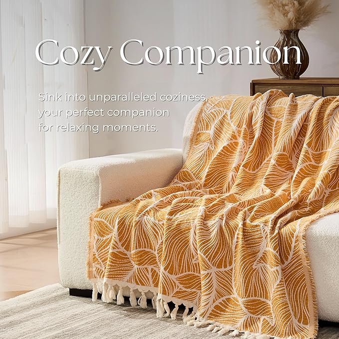 DOWN HOME Chenille Cotton Throw Blanket for Couch, Lightweight Boho Blanket for Bed Sofa Chair Living Room Outdoor Soft Woven Decorative Blanket with Tassel Gift Orange Leaves 60"x80"