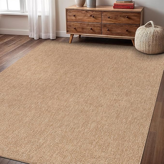 Washable Easy Jute Rug 6x9, Indoor Outdoor Rugs Natural Color Farmhouse Area Rugs for Living Room, Kitchen Rug High Traffic Area, Easy to Clean Solid Boho Woven Design Outside Carpet (6 X 9 Natural)