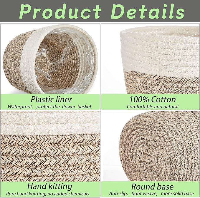 3 Pcs Cotton Rope Plant Basket with Plastic Liner Rustic Plant Basket Planters Modern Woven Decorative Pots for Home Flower Indoor Storage Decor, 7.5 x 6.5 Inches(White, Beige)