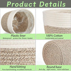 3 Pcs Cotton Rope Plant Basket with Plastic Liner Rustic Plant Basket Planters Modern Woven Decorative Pots for Home Flower Indoor Storage Decor, 7.5 x 6.5 Inches(White, Beige)