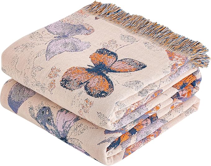 Boho Throw Blanket, 100% Organic Cotton Breathable Ultra Soft 80" x 90" Bed Quilt Throw - All Season Floral Rustic Farmhouse Decor Luxury Reversible Blanket for Sofa Couch Chair and Gift