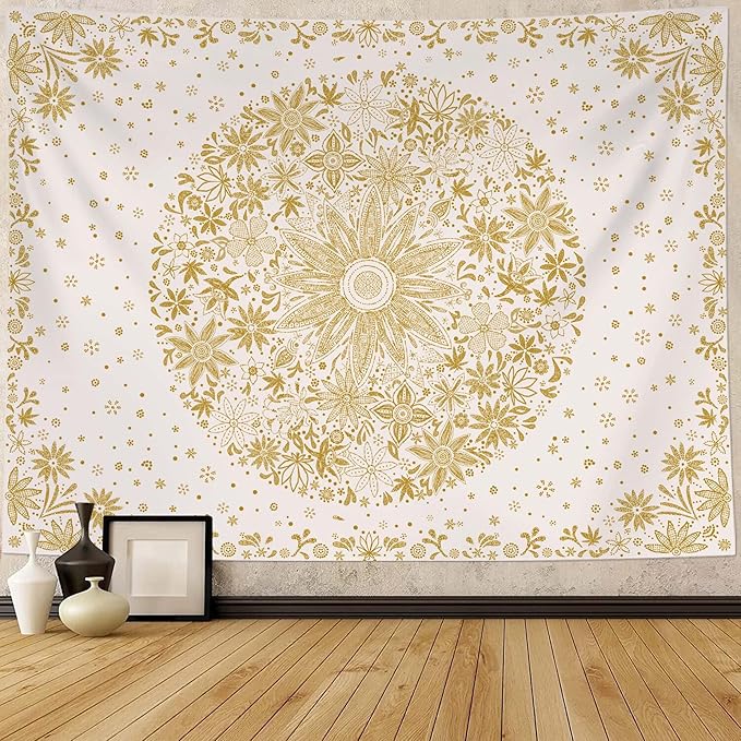 Neasow Bohemian Tapestry Wall Hanging, Yellow Floral Tapestry with Dotted Daisy Medallion Print Bedroom Boho Hippie Home Decor, 36x48 inches