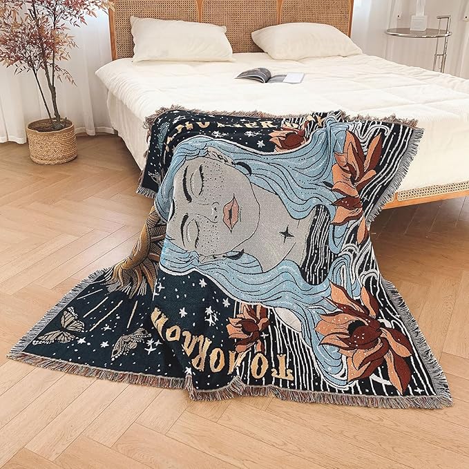Snycler Boho Throw Blanket for Bed 50 * 60inch Woven Blanket Cotton Polyester Farmhouse Decor for Indoor Outdoor Sofa Bedroom Garden，All Season(Woman)