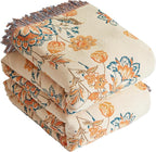 Boho Throw Blanket for Bed 60”x80”, 100% Cotton Woven Blanket for Couch Sofa, Ultra Soft 4-Layer Muslin Quilt with Floral Printed, Farmhouse Bed Blanket/Cover for Living Room Decor