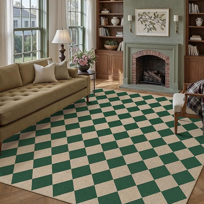 6x9 Checkered Easy Jute Area Rug for Living Room Large Checkerboard Washable Indoor Outdoor Carpet Farmhouse Patio Office Mat Geometric Non Slip Green Carpet for Backyard Dining Room