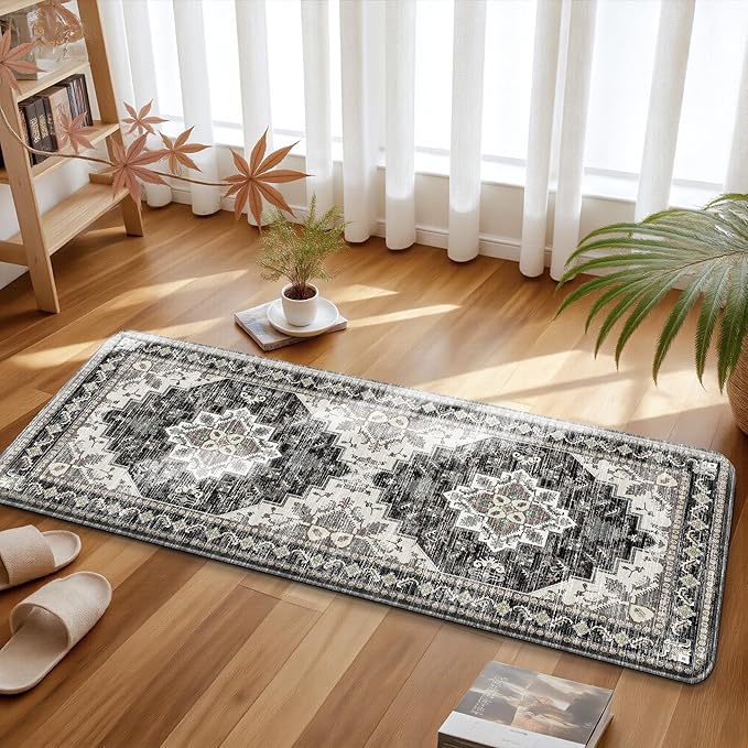 Boho Kitchen Mats for Floor 2 Piece Set Anti Fatigue Cushioned PVC Kitchen Rugs Non Slip Waterproof Farmhouse Mats 2/5 Inch Comfort Standing Mat for Laundry, 17.3"x59"+17.3"x28", Black Brown Grey