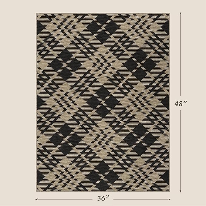 JTJ Vintage Indoor Entrance 4x3 Rug - Easy Jute Woven Door Mat for Indoor Area, 3x4 Large Kitchen Rug, Washable Low Pile Black and White Geometric Aesthetic Natural Color Decor