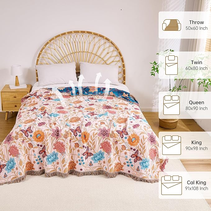 Boho Throw Blanket, 100% Organic Cotton Breathable Ultra Soft 60" x 80" Bed Quilt Throw - All Season Floral Rustic Farmhouse Decor Luxury Reversible Blanket for Sofa Couch Chair and Gift