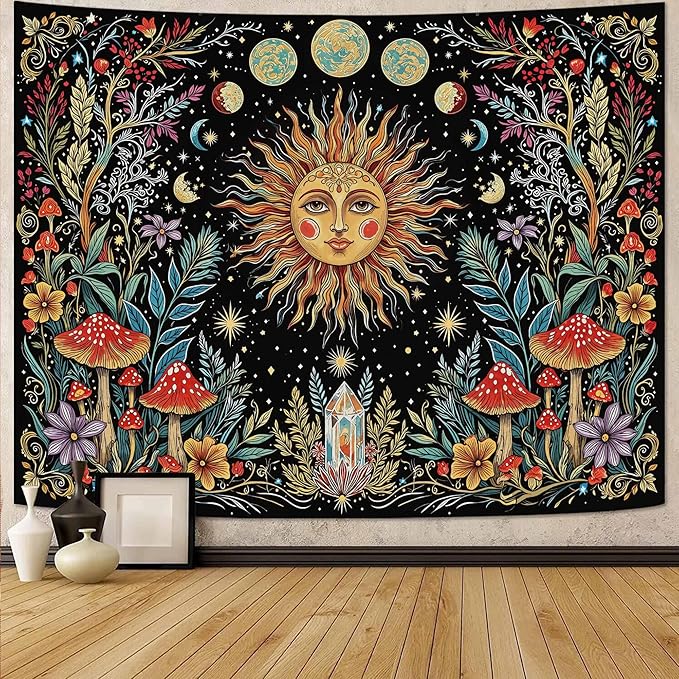 Accnicc Boho Sun and Moon Tapestry Hippie Mushroom Floral Wall Tapestry for Bedroom Aesthetic Vintage Plant Celestial Spiritual Small Tapestries Wall Hanging for Dorm Living Room Decor 48 x 36 Inch