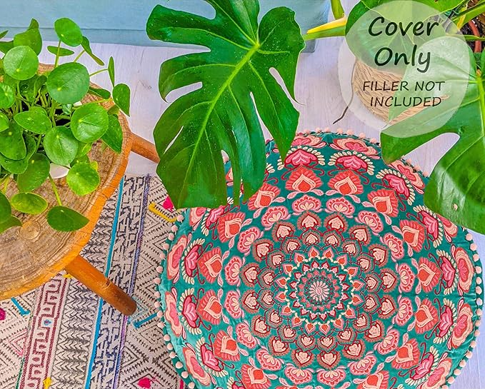 Turquoise Round Velvet Pouf Cover - Soft Embroidered Ottoman Slipcover with Moroccan Design, 24 Inch Diameter, Ideal for Living Room, Bedroom, or Meditation Space -Decorative Floow Pillow Cushion