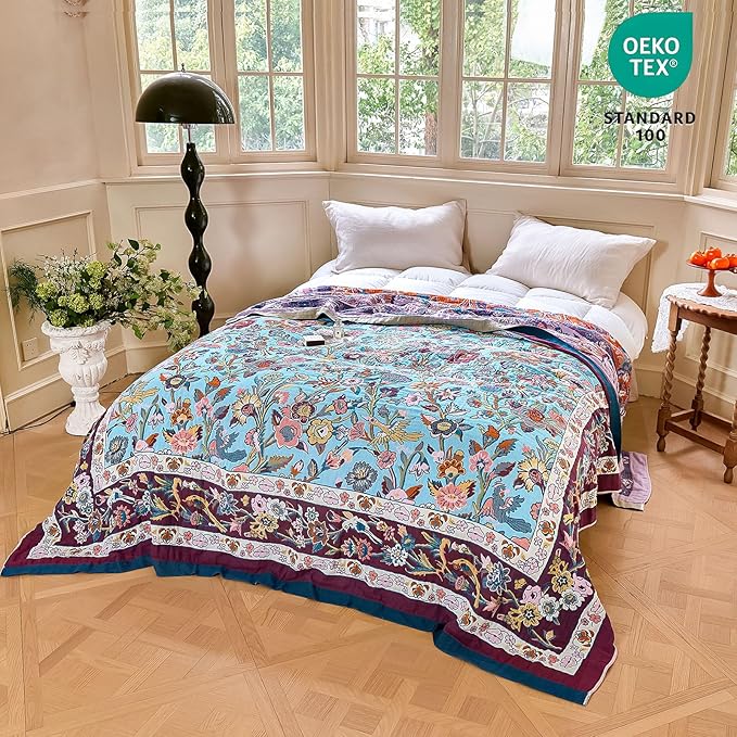MSGKV Boho Throw Blanket for Couch 50"x60" 100% Cotton Sofa Floral Bird Blanket Spring Breathable Lightweight Muslin Home Decorative Blankets