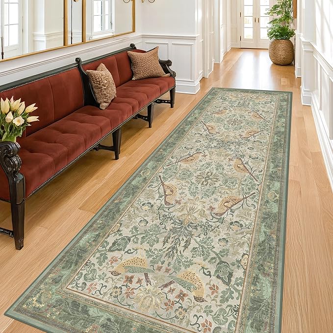 2'6"x8' Long Hallway Runner Rug - Vintage Botanical Wide Runners for Kitchen Bedroom Hall Way, Washable Non Slip with Rubber Backing, Light Green Sage Floral Décor