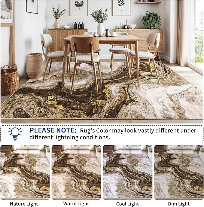 GarveeHome Large Area Rugs 10x13 Modern Abstract Rug with Marble Swirl Pattern, Neutral Abstract Rugs for Farmhouse, Stain-Resistant Low Pile Floor Cover for Bedroom Living Room Office, Brown
