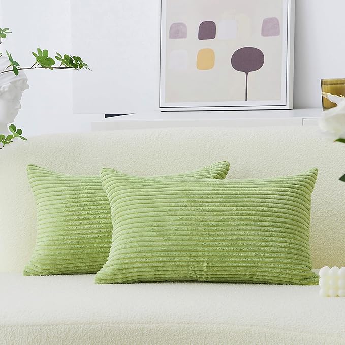 Home Brilliant Green Lumbar Pillow Covers 12x20 Set of 2 Oblong Striped Corduroy Rectangle Spring Pillow Covers Chair Couch for Spring St Patricks Day Decor, 12 x 20 inch, Apple Green