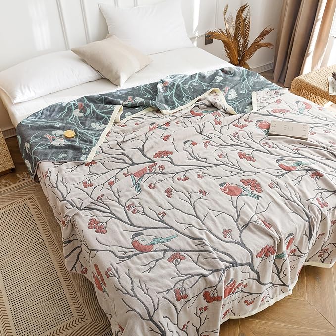 Scientific Sleep Bird Magpie on Hawthorn Tree 100% Cotton Muslin Blanket Throw Cover for Bed Couch Sofa Cozy Soft Reversible Bedding Blanket Bedspread Coverlet Twin 60 in x 80 in