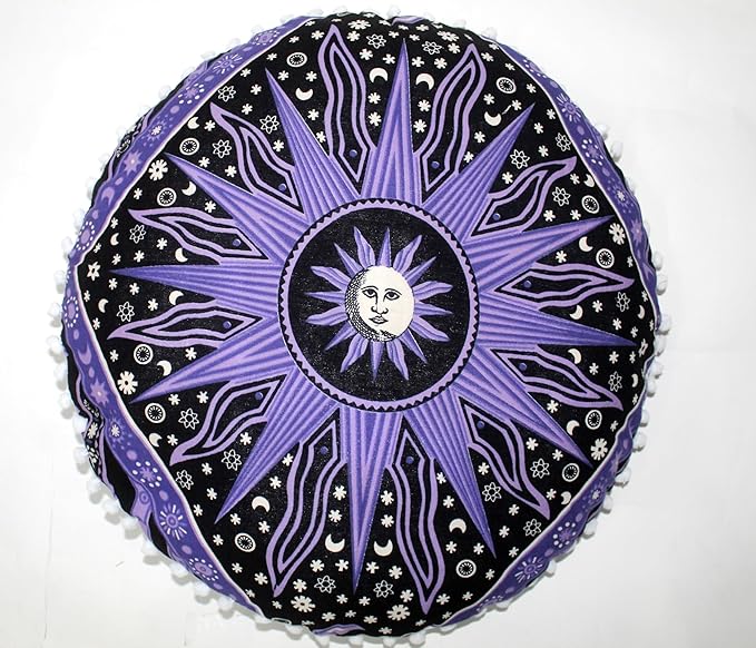 CRAFT KALA Large Round Bohemian Floor Pillow Pouf Cover Mandala Meditation Room Pillow Cover for Adults Boho Seating Poufs Cushion Cover for Kids Playroom 32" Round Purple Burning Sun