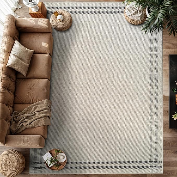 Easy Jute Rugs 4x6 Bordered Bone Color Living Room Indoor Outdoor Area Rug for Patio and Kitchen Rug High Traffic Washable Easy to Clean Solid Boho Woven Design Outside Carpet (4 x 6)