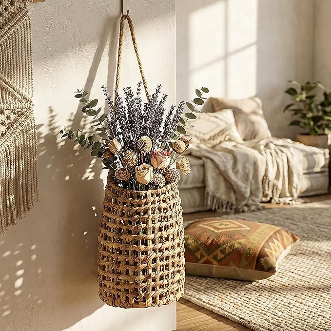 Hiceeden Woven Front Door Basket, Water Hyacinth Hanging Wall Flower Basket, Wall Decor Boho Decoration Veggies Storage Basket for Home, Pantry, Garden, Farmhouse