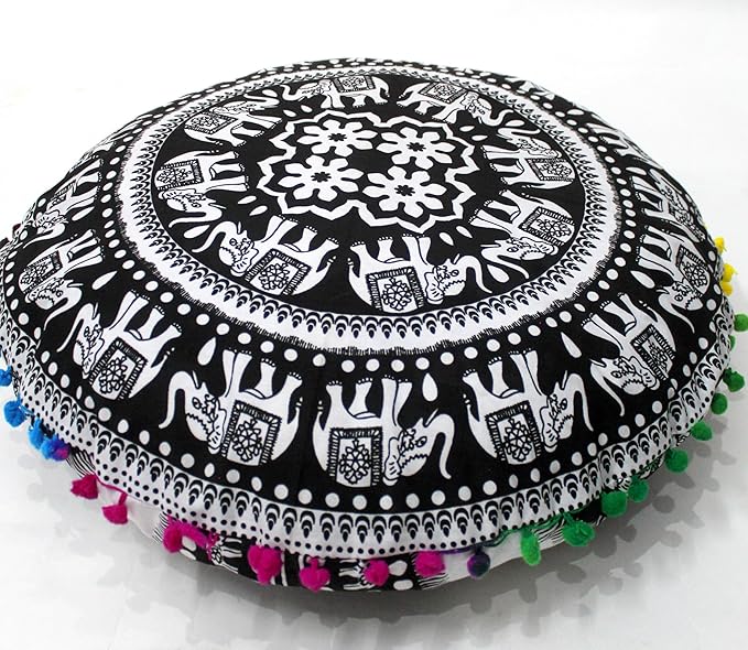 CRAFT KALA 22" Bohemian Floor Pillow Pouf Cover Mandala Boho Large Round Meditation Room Pillow Covers for Adults Seating Poufs Cushion Cover for Kids Playroom Black and White Elephant
