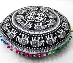 CRAFT KALA Large Round Bohemian Floor Pillow Pouf Cover Mandala Meditation Room Pillow Cover for Adults Boho Seating Poufs Cushion Cover for Kids Playroom 32" Round Black Elephant