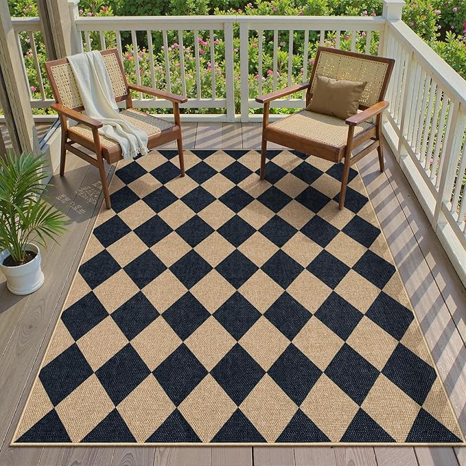 Lanffia Checkered Easy Jute 5x7 Outdoor Rug, Black Washable Rugs 5x7 for Living Room Neutral Indoor Outdoor Carpet, Non Slip Stain Resistant Checkerboard Rug for Backyard Dining Room Classroom