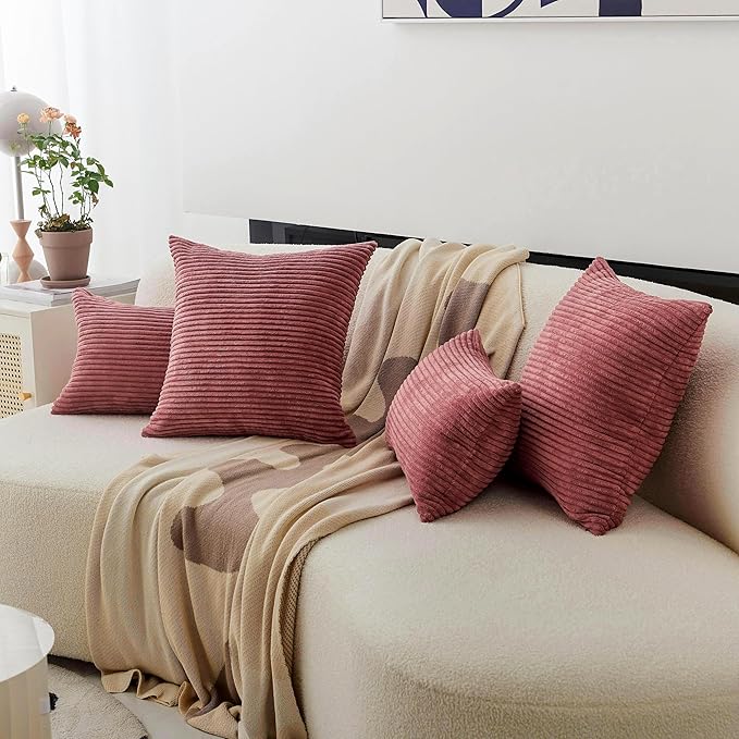 Home Brilliant Throw Pillow Covers Striped Corduroy Velvet Cushion Cover for Baby Supersoft Handmade Decorative Pillowcase, 50cm, 20 x 20 Inch, Dry Rose Pink