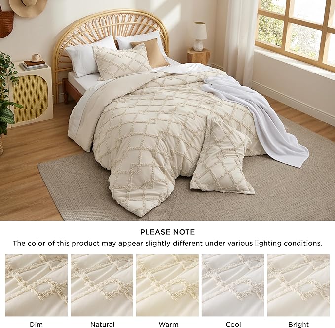 Bedsure Boho Comforter Set Queen - Beige Tufted Queen Size Comforter, 3 Pieces Farmhouse Shabby Chic Embroidery Bed Set, Soft Fluffy Geometric Pattern Bedding for All Seasons