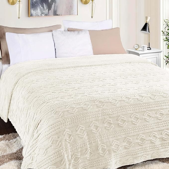 Superior Fleece Boho Jacquard Blanket, Decorative Blankets for Bedroom, Sofa, Fuzzy, Plush, Fluffy, Soft, Cute Room Decor, Beautiful Cover, Comfort Essentials, Arctic Collection, Full/Queen, Ivory