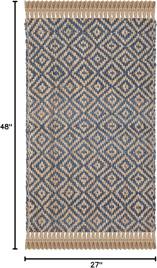 SAFAVIEH Natural Fiber Collection Accent Rug - 2'3" x 4', Tropical Blue & Natural, Handmade Boho Diamond Tassel Jute, Ideal for High Traffic Areas in Entryway, Living Room, Bedroom (NF266D)