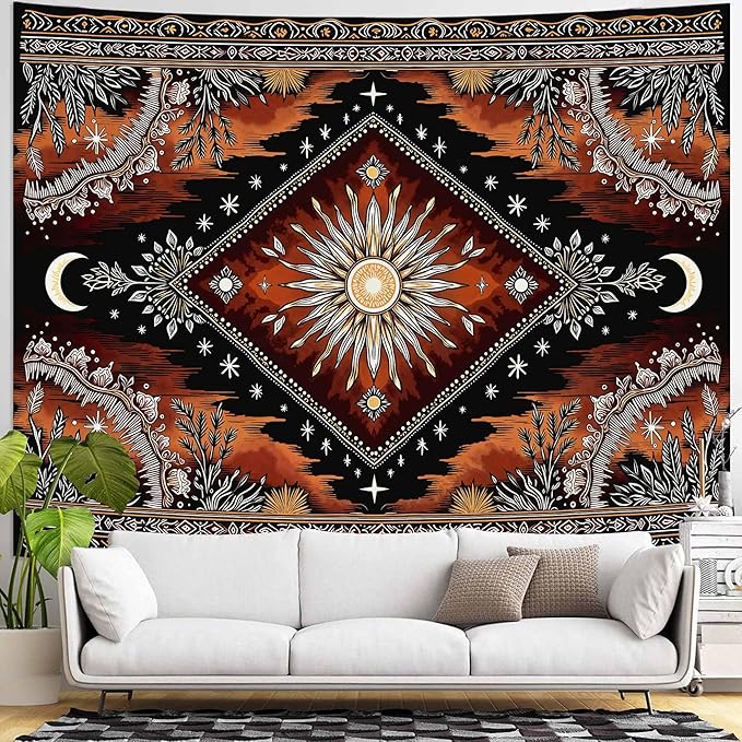 Accnicc Hippie Sun and Moon Tapestry Boho Mandala Floral Wall Tapestry for Bedroom Aesthetic Vintage Plant Celestial Dark Brown Large Tapestries Wall Hanging for Dorm Living Room Decor 80 x 60 Inch